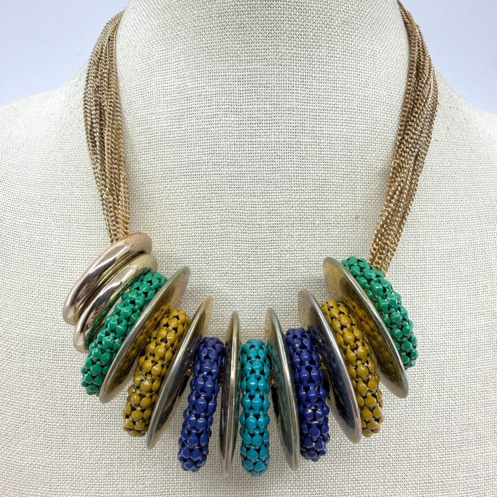Gold Tone Multicolor Woven Ring Multi Strand Bib Necklace Boho Statement Gift